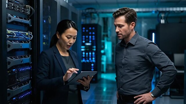 professional data center discussion between two IT specialists analyzing server infrastructure