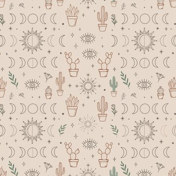 Mystic Boho Seamless Pattern with Moon Phase Cactus Evil Eye Sun
