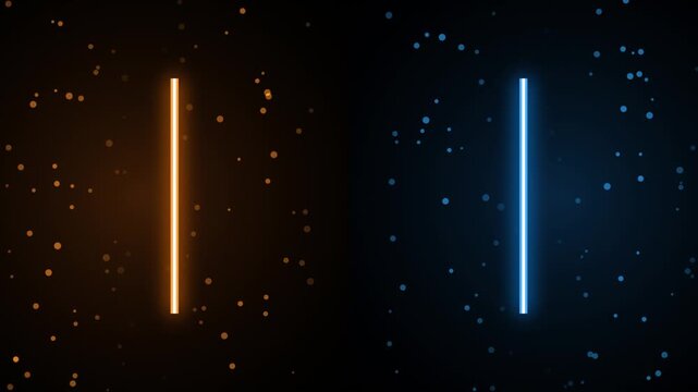 Abstract vertical glowing orange and blue neon light sticks with floating particles loop background video