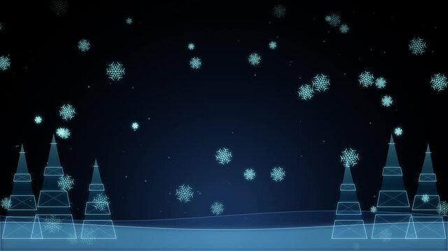Neon glowing Christmas trees with falling snowflakes background animation loop