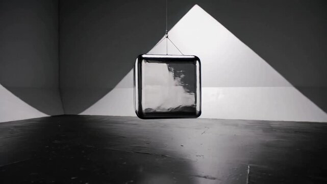 Swinging shiny cube after nudge, rotating and settling in studio on cable, showing granular pile