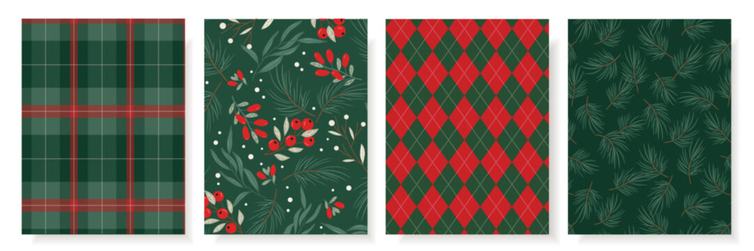Christmas seamless pattern collection featuring tartan plaid, botanical berries, red and green argyle diamonds, and pine branches. Festive set for fabric, wrapping paper, wallpaper, textile and decor.