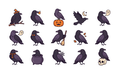Obraz premium Set of cute hand drawn raven stickers for halloween featuring various poses and festive holiday accessories