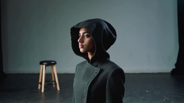 Pulling camera back revealing model standing for portrait in studio with hooded coat, wooden stool