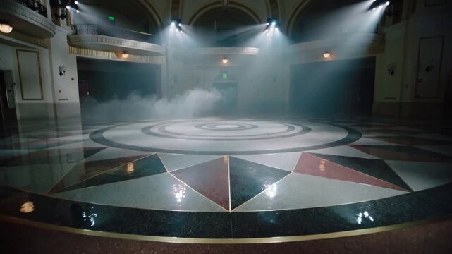 Releasing fog, recessed doorway and spotlights bathing concentric target floor, creating drama