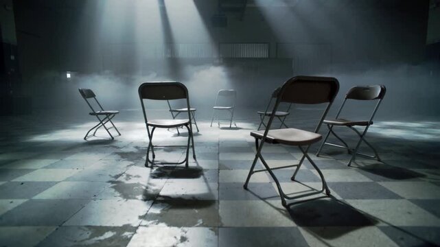 Moving camera bringing metal folding chairs into focus in warehouse hall, skylights casting light
