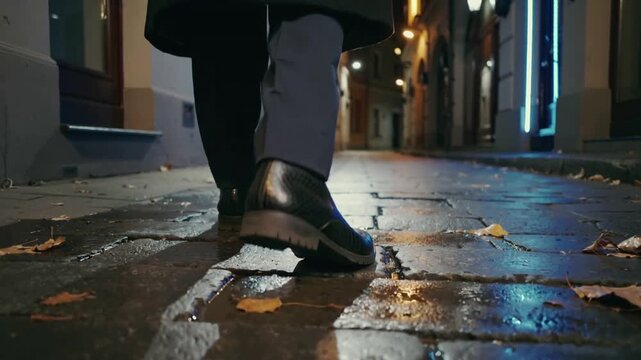 Walking man in dark coat, boots stepping on wet cobbles after rain, heading toward lit passageway