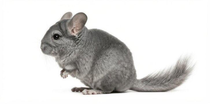 Chinchilla sitting with full fluffy tail isolated on white background