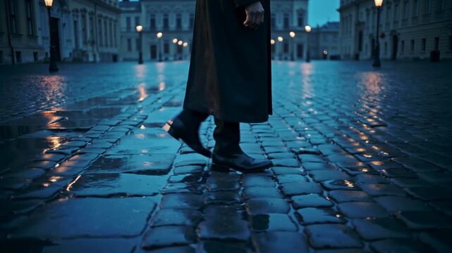 Stepping man in long black coat walking across cobbled plaza through puddles to cross, lamp glow