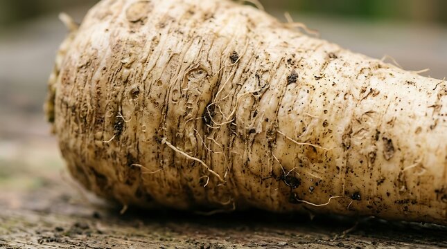 Close-up of a fresh raw parsnip root with soil particles resting on a rustic wooden surface texture
