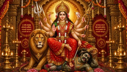 Fototapeta premium Goddess durga sitting on lion riding in ornate temple decor with traditional weapons and golden jewelry adornments for festive religious celebration of navratri and dussehra festival cultural worship