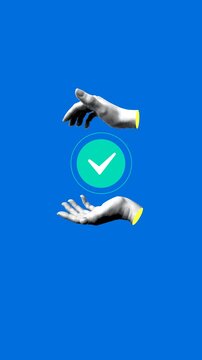 Human hands protect the quality mark. Automation of labor. Quality guarantee. Pulsating green check mark. Insurance concept. Collage animation. Vertical video