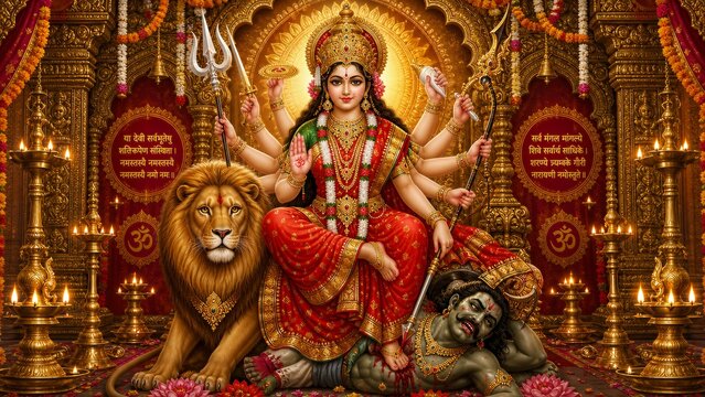 Goddess durga sitting on lion riding in ornate temple decor with traditional weapons and golden jewelry adornments for festive religious celebration of navratri and dussehra festival cultural worship