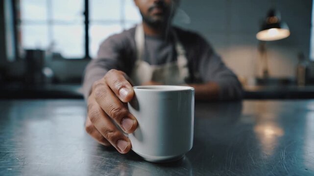 Leaning in, aproned barista gripping white mug, bringing it closer to show drink at steel counter