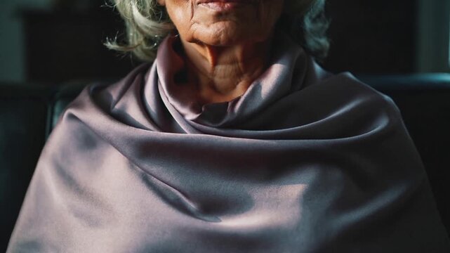 Adjusting senior woman grasping shawl and smoothing collar while sitting on sofa, arranging drape