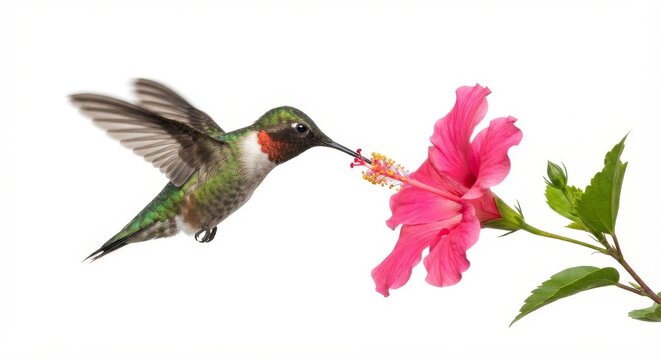 Hummingbird hovering near a pink flower isolated on white background