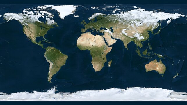 Detailed satellite view of the planet earth showing continents, oceans, and polar ice caps in a flat map projection on a dark blue background