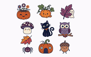 Obraz premium Watercolor halloween characters and autumn leaves isolated on white background