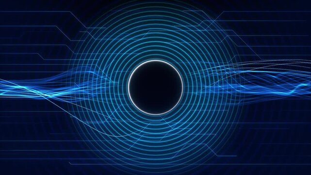 Glowing waves circular digital field rings electronic pathways. wireless networks, radio signals, telecom, sonar, communication systems, frequency analysis, sensing technology futuristic interfaces.
