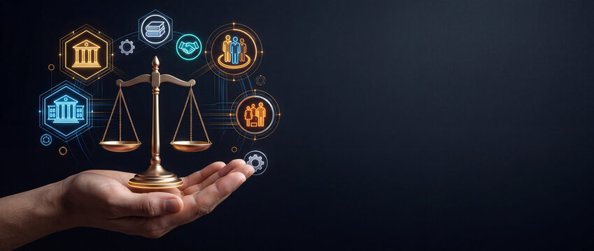 Conceptual Image of a Hand Holding the Scales of Justice with Digital Glowing Law Icons Representing Legal Advice, Corporate Compliance, Family Law, and Online Judicial Services on Dark Background
