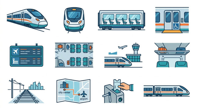 Elegant Collection of Modern Transportation Icons Featuring Trains Metro Airport and Rail Elements in Vibrant Colors
