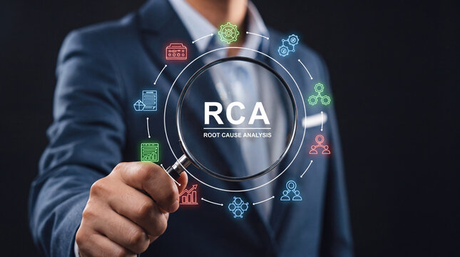 Businessman Holding Magnifying Glass Focusing on Root Cause Analysis RCA Concept with Icons Representing Systematic Problem Solving Process Investigation and Professional Business Strategy