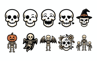 Fototapeta premium Collection of spooky hand drawn halloween skulls and skeletons in black and white