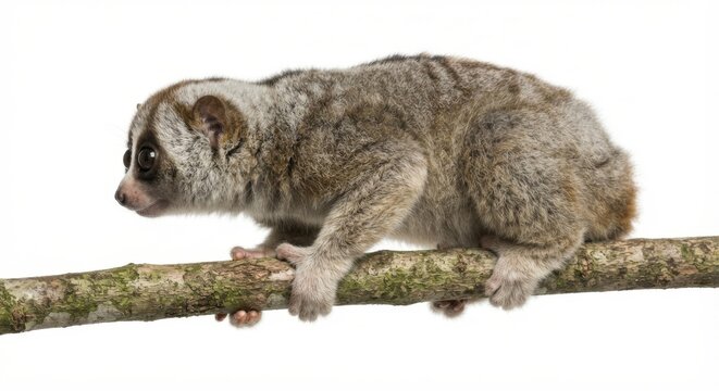 Slow loris clinging to branch isolated on white background