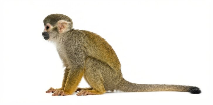 Squirrel monkey sitting with full tail isolated on white background