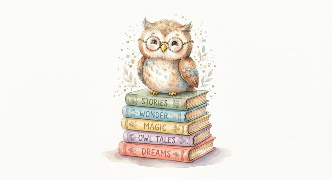 Cute wise owl with glasses sitting on books watercolor illustration