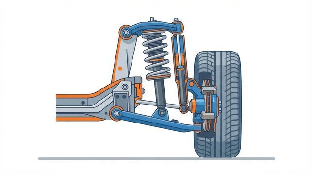 Car suspension system parts are illustrated to show their arrangement and function in vehicle maintenance at a mechanic garage.