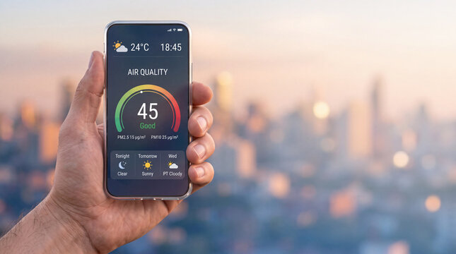 A hand holding a modern smartphone displaying an air quality monitoring application with a good AQI score, PM2.5, and PM10 data against a blurred city skyline background during a golden hour sunset.