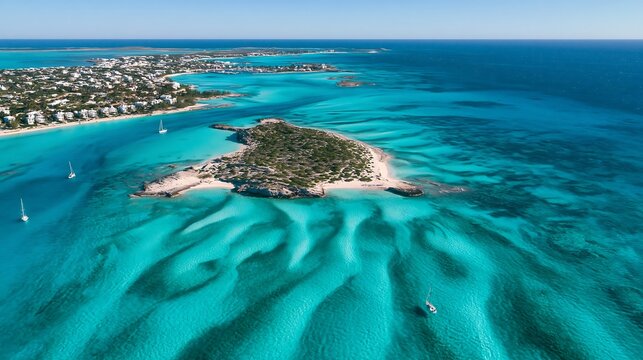 Aerial view of a tropical island with white sand dunes, turquoise water, and small sailboats floating in the shallow ocean near the coastline