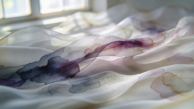 Rippling sheer textile with window sunlight shifting, undulating on bed with watercolor stains