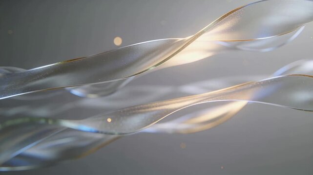 Drifting glass ribbons sliding on gray haze, upper-right light causing gold and blue shimmer, bokeh