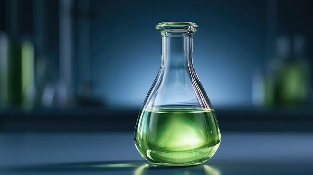 Laboratory Flask with Green Liquid on Laboratory Table in Scientific Environment