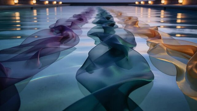 Nudging by light breeze three fabric ribbons undulating along long pool at dusk, with lantern glow