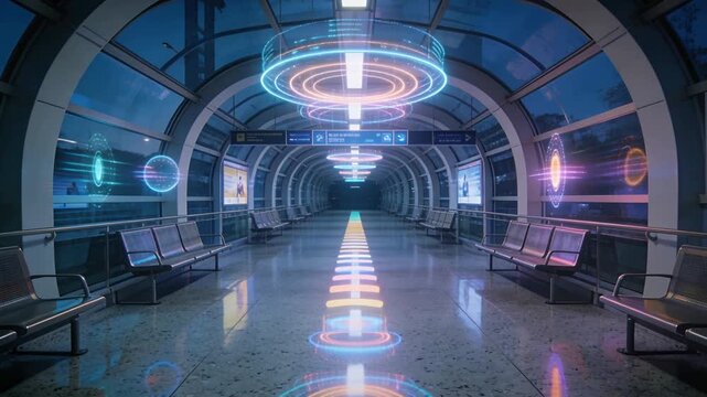 Lighting ring starting central holo guide pulsing down arched glass tunnel, priming next arrival