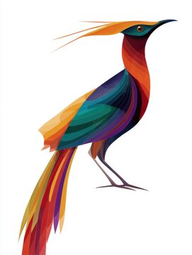 Vibrant Abstract Bird Illustration With Geometric Color Layers And A Long Tail On A White Background
