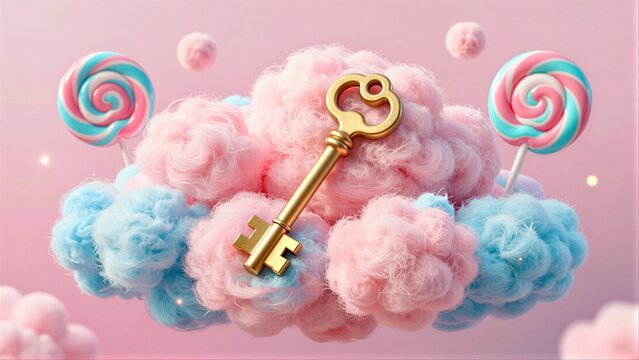 Golden key rests on fluffy cotton candy clouds with colorful lollipops floating nearby.