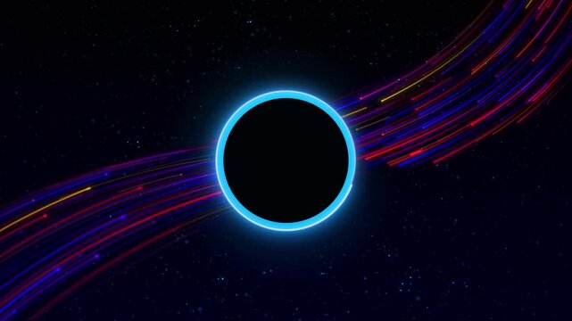 Bright blue circular border interrupts light trails across a starry environment. openers, presentations, logo frames, digital portals, music graphics, events and energetic technology backgrounds.