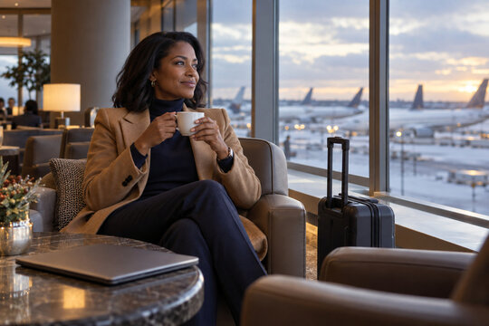 Female executive relaxing in premium airport lounge