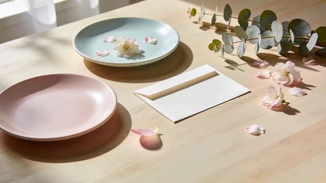 Nudging large pink petal across table by soft curtain sway beside window, with plates and envelope