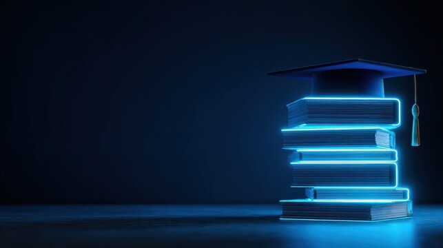 A stack of books topped with a graduation cap, illuminated by a vibrant blue neon glow. ..Created with Generative AI, not depicting real subjects.