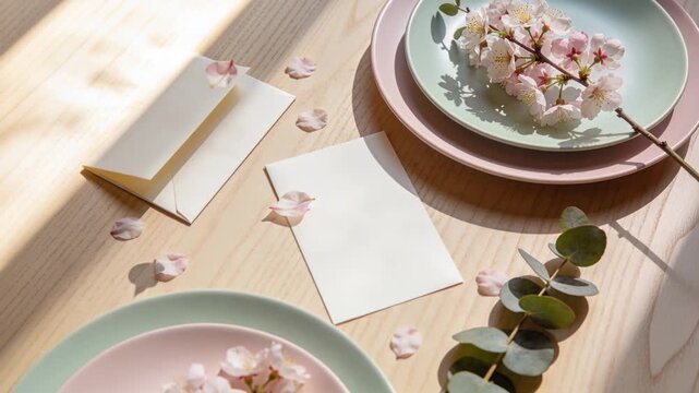 Drifting petals starting with single petal landing on blank card and envelope, sunlight shifting