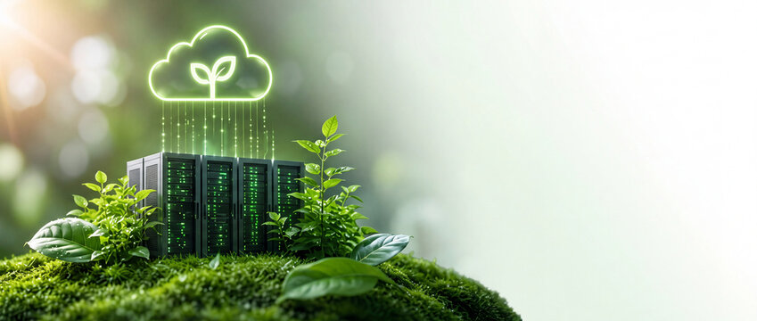 Sustainable green data center concept featuring server racks integrated with lush plants and a glowing neon cloud icon with a leaf sprout, representing eco-friendly cloud computing and green IT.