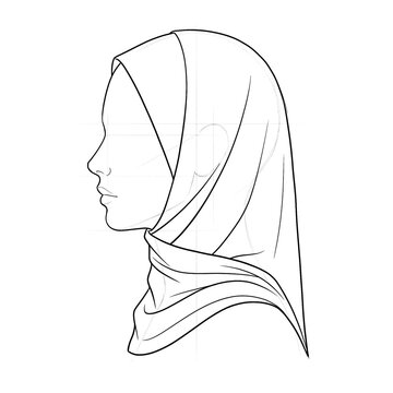Hand drawn sketch of modern criss cross wrap hijab profile left.