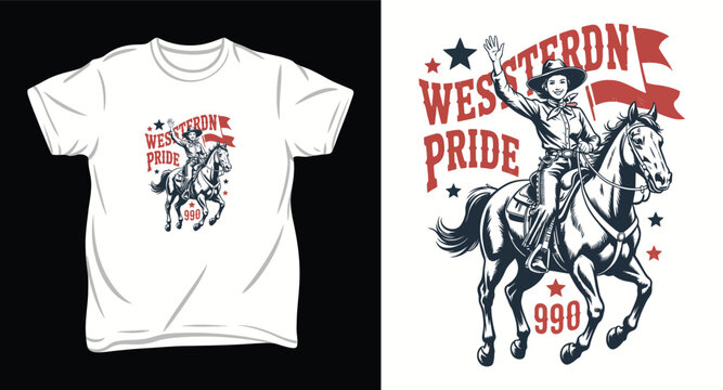 Western t shirt design vector illustration of woman riding horse for apparel with patriotic theme.