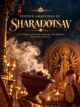 Festive greetings of Sharadotsav with traditional dhunuchi incense burner and maa durga mandap