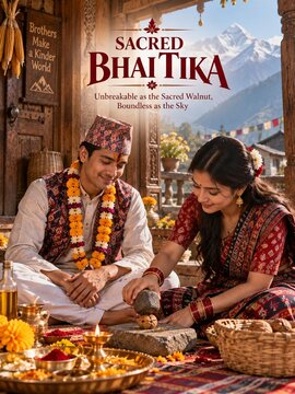 Traditional Nepali Bhai Tika festival celebration with marigold garland and colorful saptarangi tilak